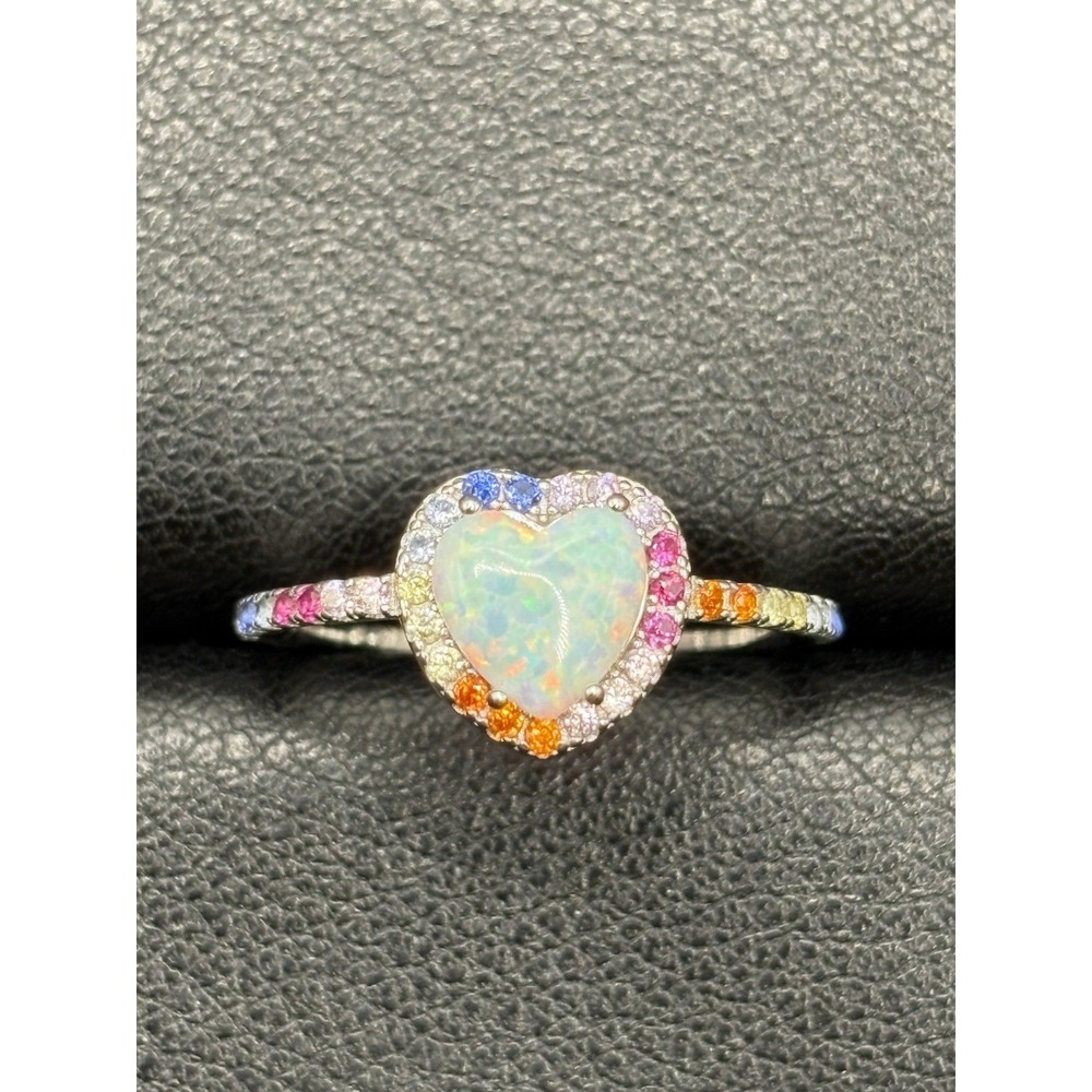 New Condition Opal Heart Multi Color Cubic Zirconia Ring 925 Size 6 E11